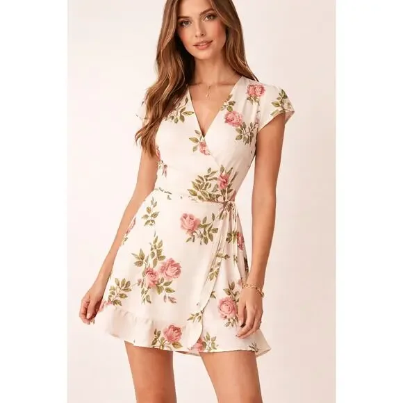 NWT Reformation Radley Wrap Dress Floral Print Cream Mini Ruffle Hem Womens Sz S - Picture 1 of 6